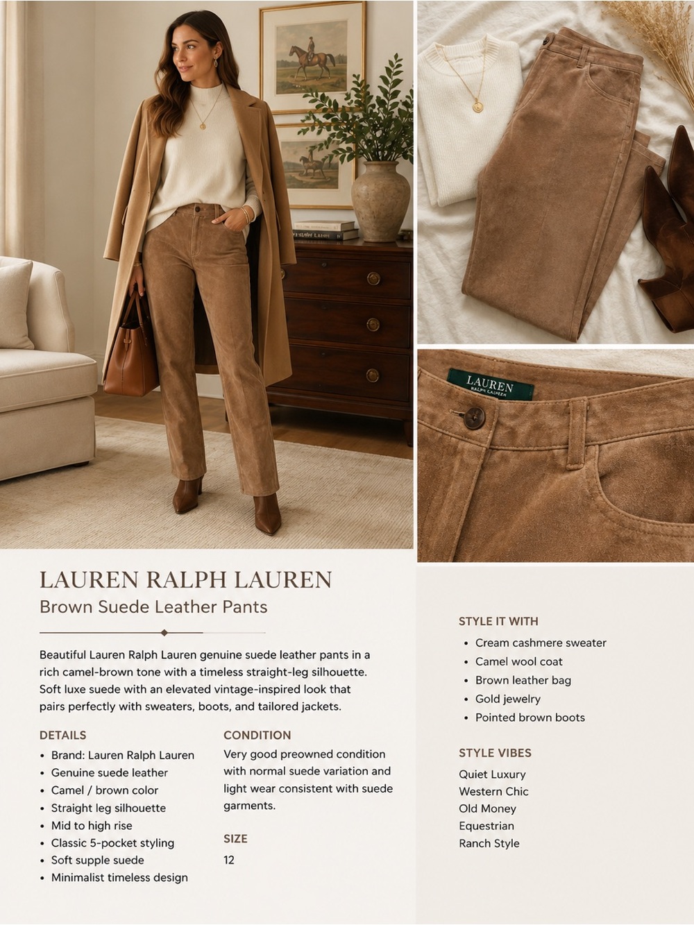 Lauren Ralph Lauren Brown Suede Leather Pants Straight Leg‎ Western Luxe Size 12